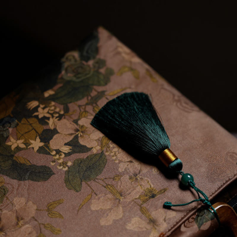 Vintage Brown Flowers Green Bamboo Leaves Wood Handles Zipper Handbag