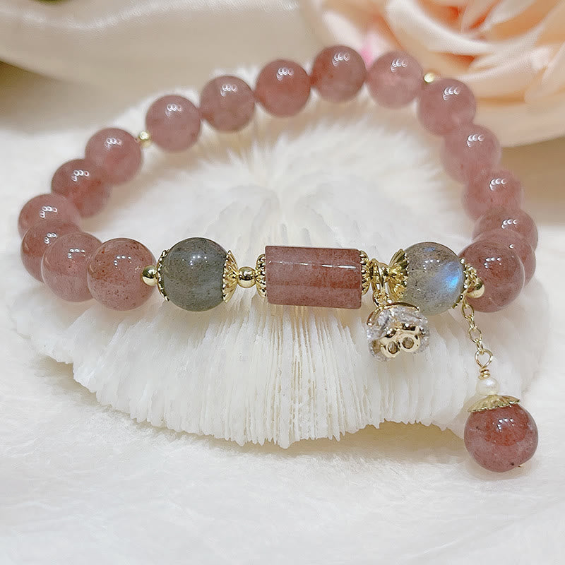 Natural Strawberry Quartz and Moonstone Stretch Gemstone Bracelet