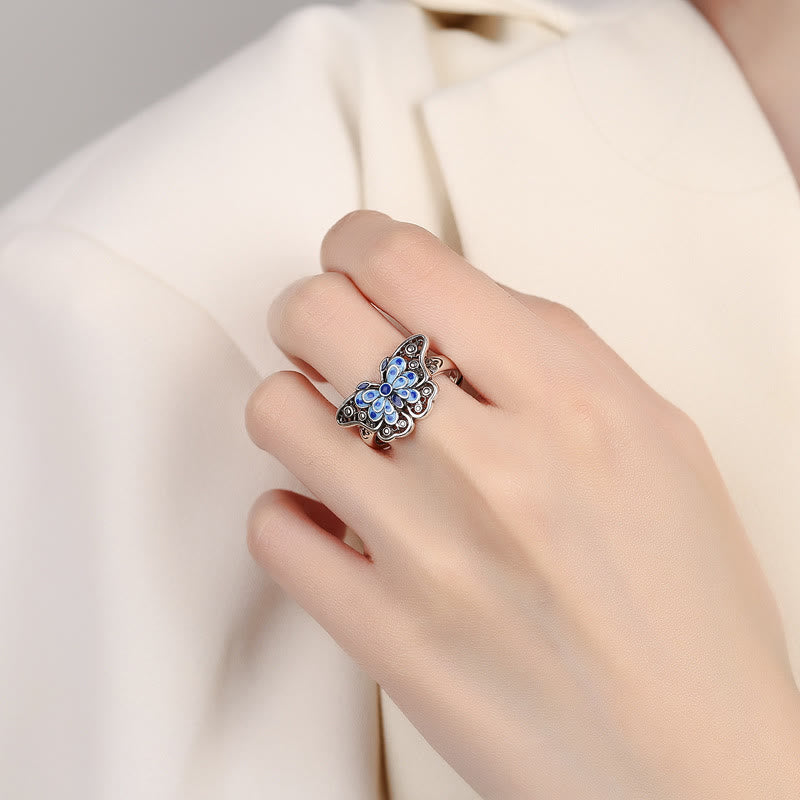 Hollow Enamel Blue Butterfly Pattern Love Ring