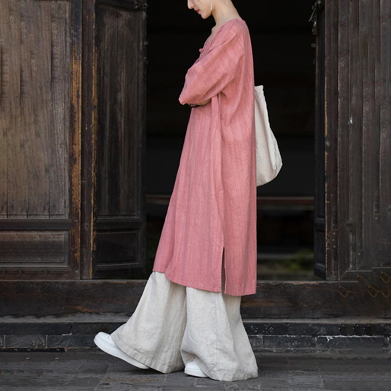 Ramie Linen Tie-Dye Frog-Button Meditation Midi Dress & Wide-Leg Pants Set