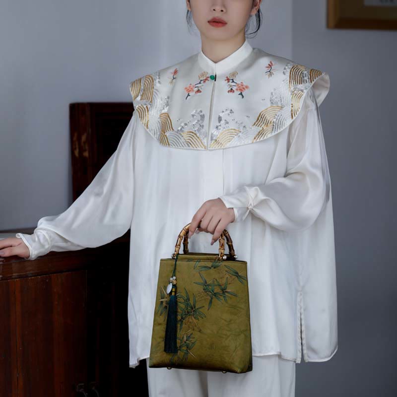 Yellow Green Bamboo Leaves Bamboo Handles Handbag