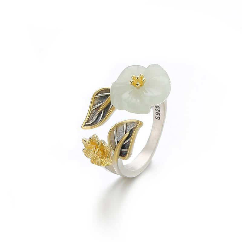 Botanical White Jade Plum Blossom Leaf 925 Silver Plated Copper Ring