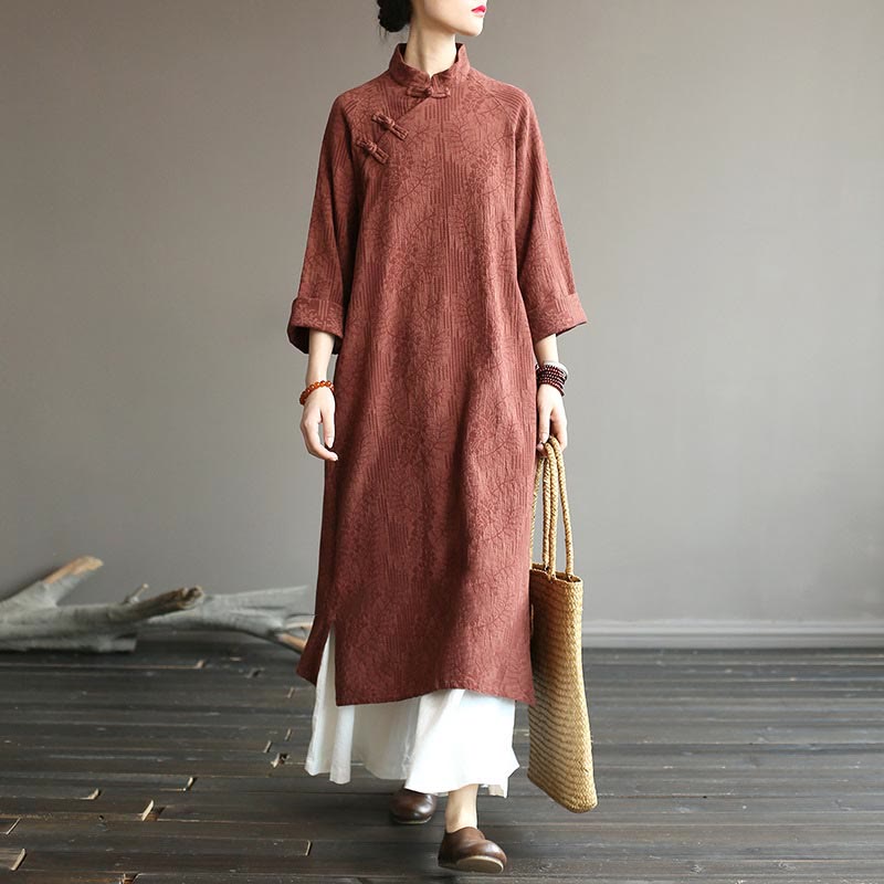 Flower Jacquard Midi Dress Long Sleeve Cotton Linen Dress Wide Leg Pants With Pockets