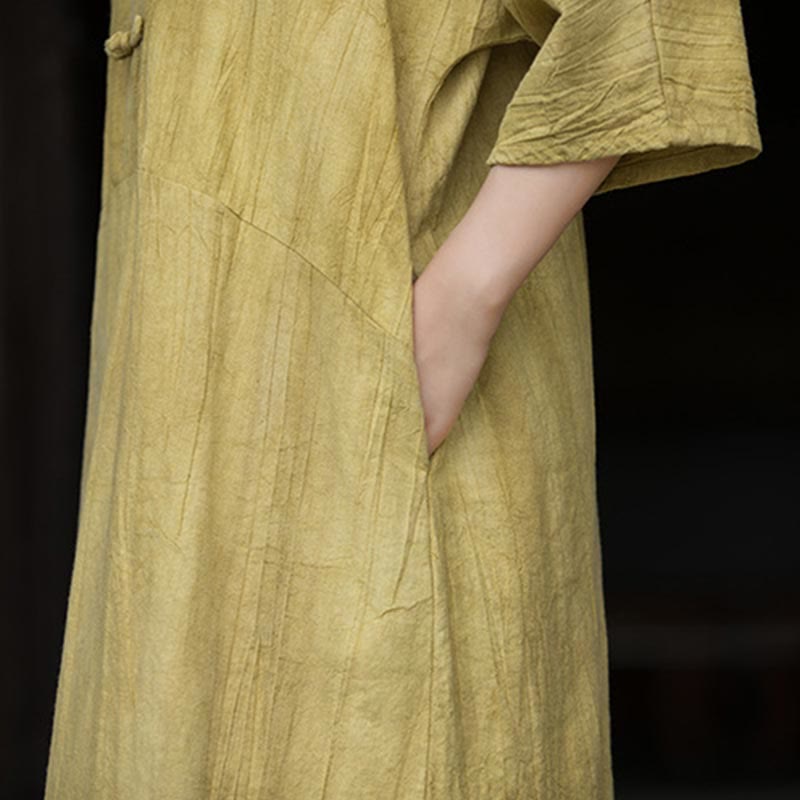 Ramie Linen Tie-Dye Frog-Button Meditation Midi Dress & Wide-Leg Pants Set