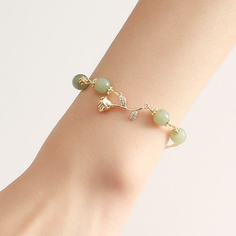 14K Gold Plated Hetian Jade Golden Rose Flower Luck Chain Bracelet