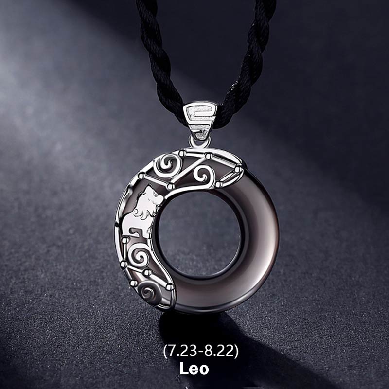 12 Constellations of the Zodiac Ice Obsidian Blessing Round Pendant Necklace