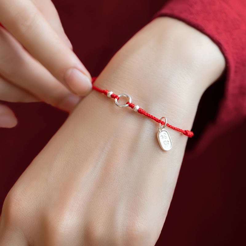 925 Sterling Silver Ping An Kou Lotus Red String Bracelet with Peace and Joy Charms