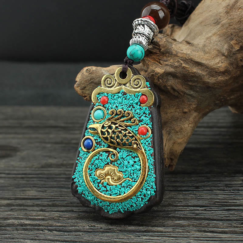 Tibet God Of Wealth Money Tree Golden Phoenix Thangka Ebony Peace Necklace Pendant