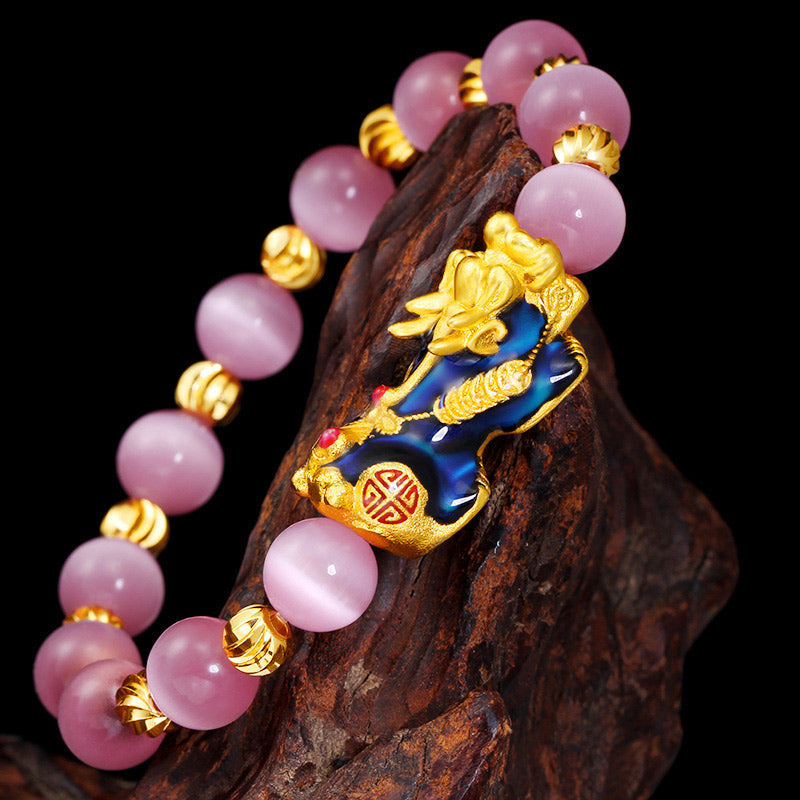 Natural Chrysoberyl Cat's Eye Beaded Bracelet with Pixiu Symbol