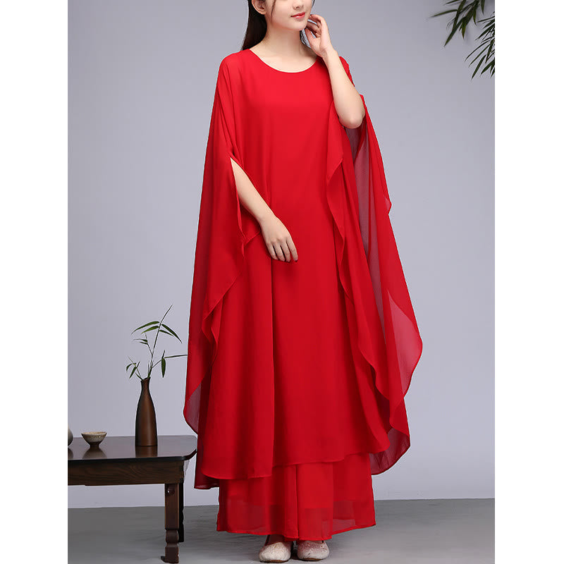 Lightweight Chiffon Flowing Midi Dress and Wide-Leg Meditation Set