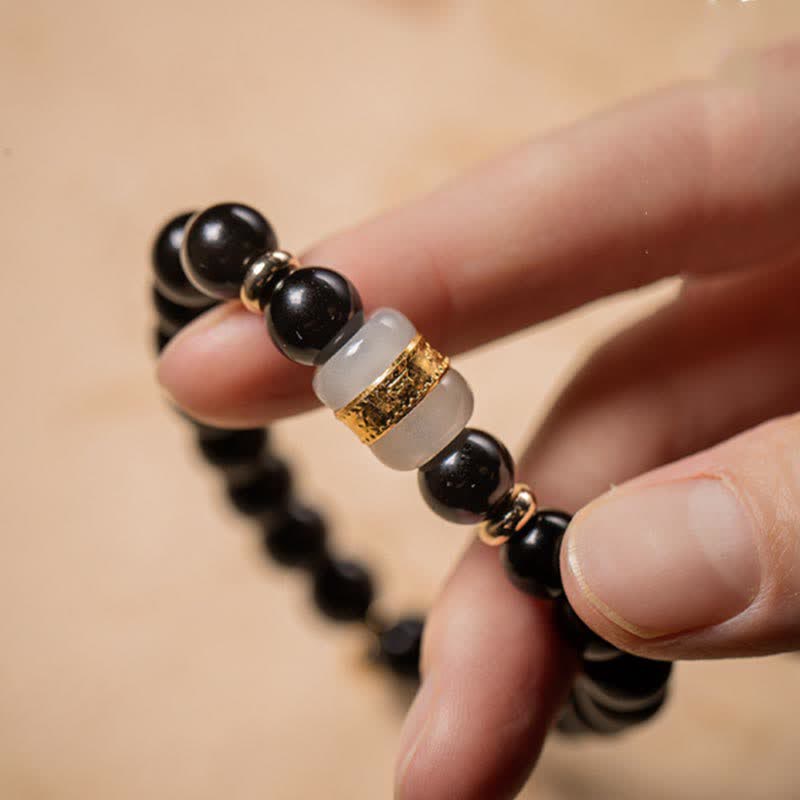 Magnetic Black Obsidian and Jade Om Mani Padme Hum Mantra Gold Plated Couple Bracelet