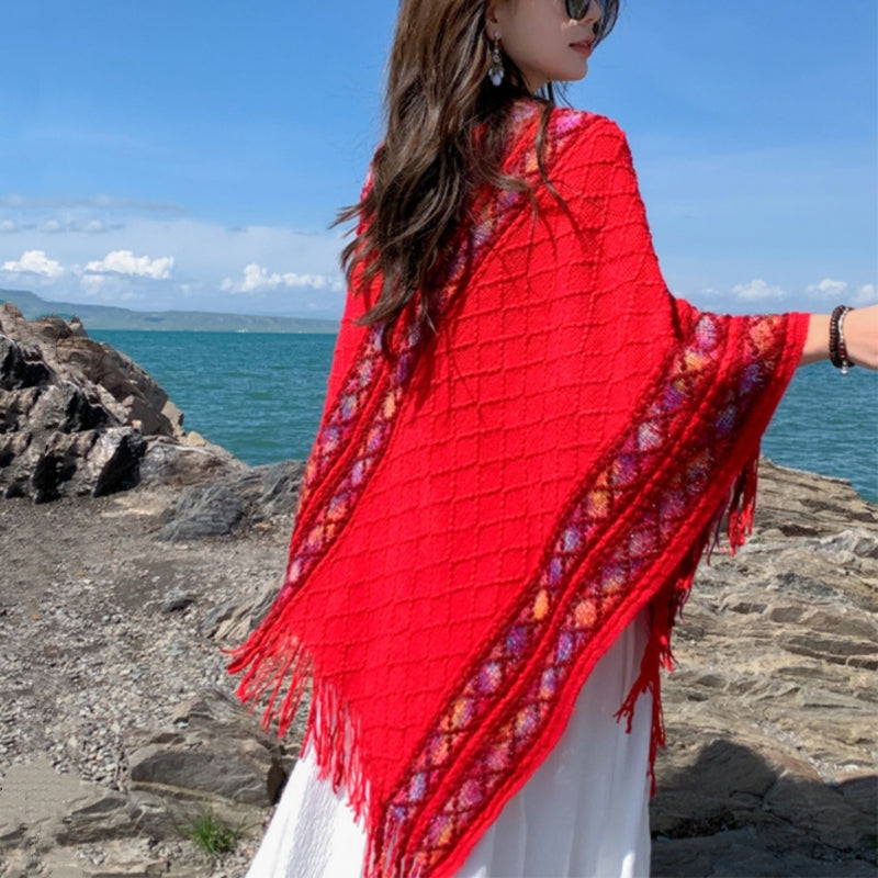 Tactile Knit Geometric Tassel Meditation Shawl Pullover