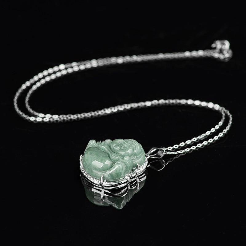 925 Sterling Silver Laughing Buddha Jade Abundance Necklace Chain Pendant