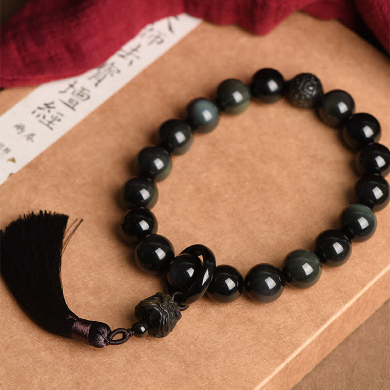 Natural Black Obsidian Lion Wrist Mala Protection Tassels Pocket Mala Car Decoration