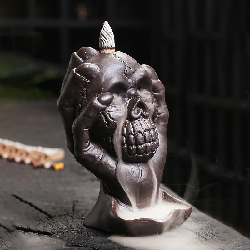 Gothic Skull and Ghost Hand Purple Clay Backflow Incense Burner