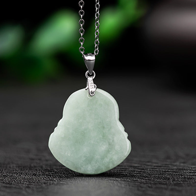 925 Sterling Silver Carved Jade Laughing Buddha Pendant Necklace