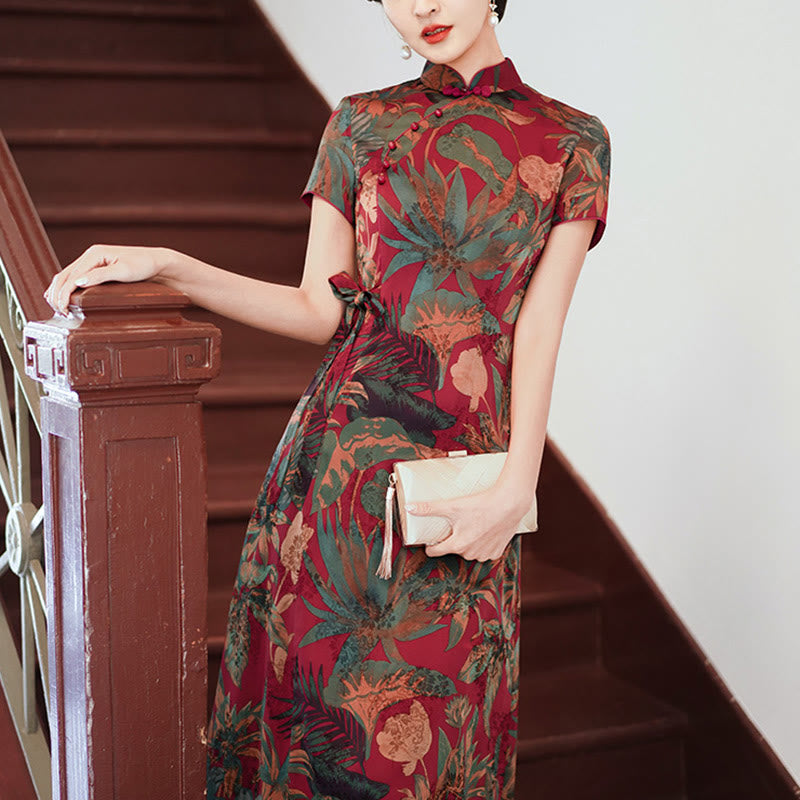 Silk Qipao Dress Retro Flower Leaf Pattern Women's Cheongsam Dress