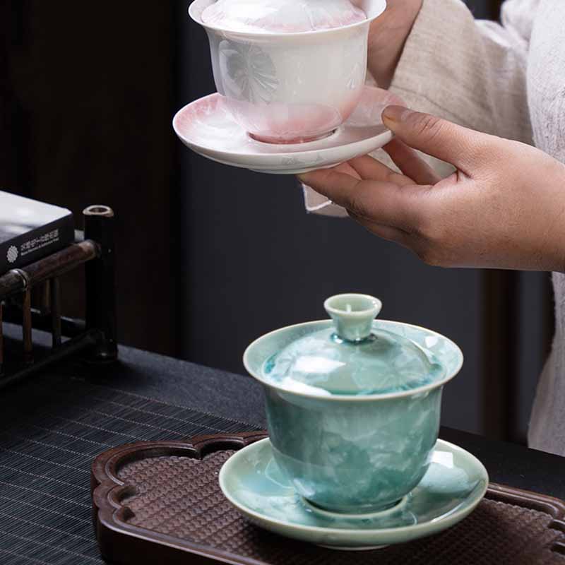 Traditional Glaze Ceramic Gaiwan Sancai Teacup Kung Fu Tea Cup And Saucer With Lid 180ml