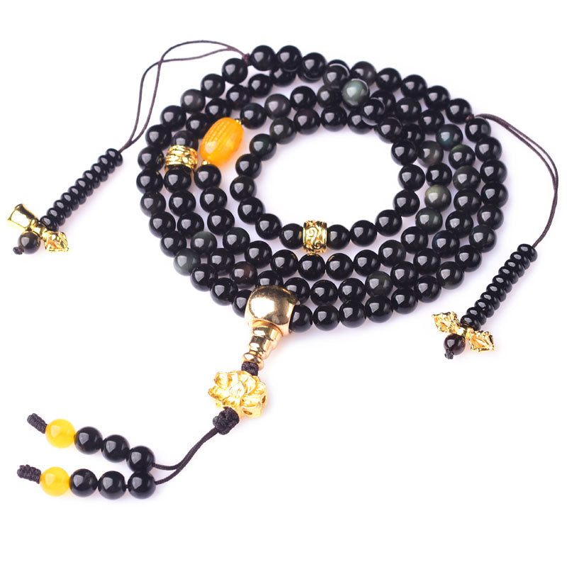 108 Beads Natural Black Obsidian Lotus Fulfilment Mala Bracelet