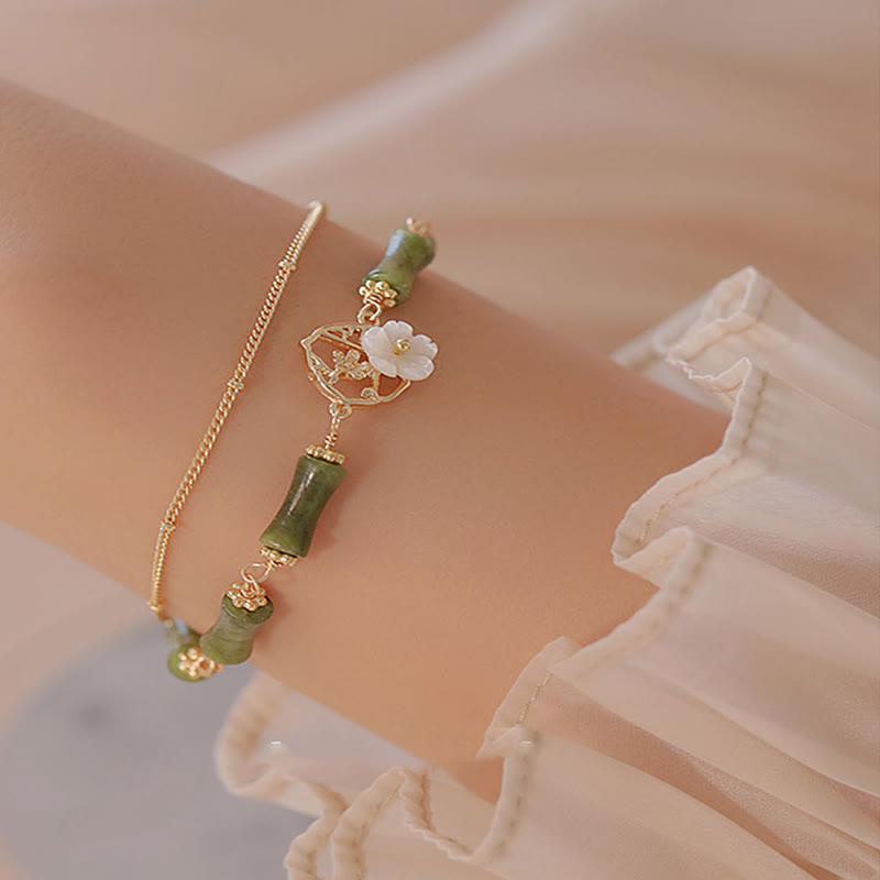 14k Gold Plated Peridot and Tridacna Bamboo Flower Double Layer Copper Bracelet