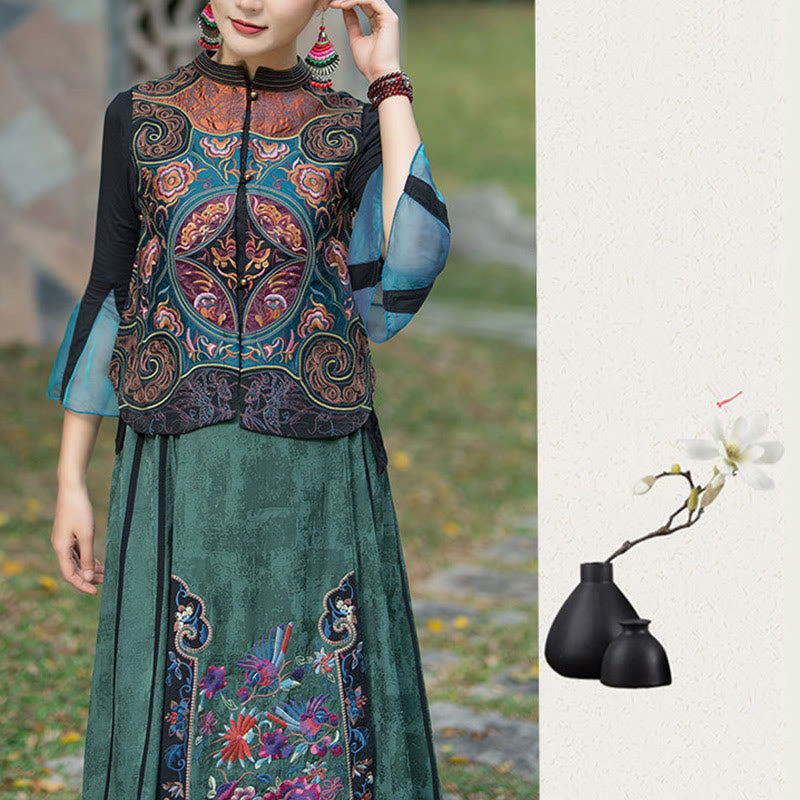 Vintage Style Embroidery Flower Tang Suit Design Sleeveless Vest