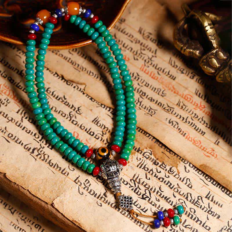 108 Tibetan Turquoise Amber and Dzi Bead Meditation Mala Bracelet