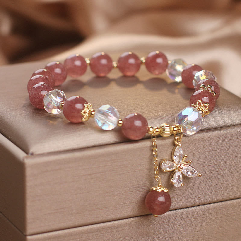 Natural Strawberry Quartz Love Healing Butterfly Charm Bracelet