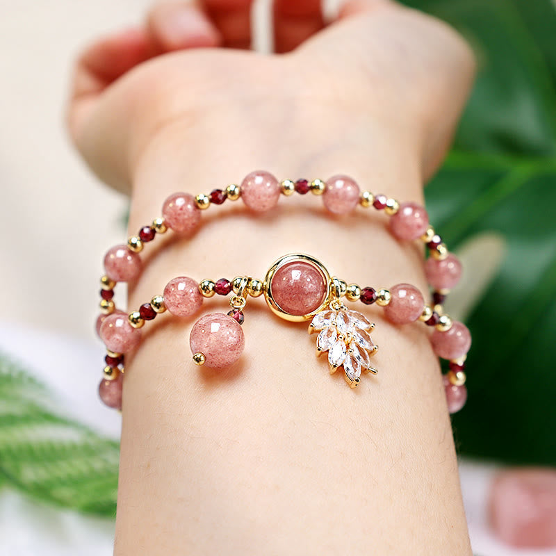 Natural Strawberry Quartz 6mm Bead Double Wrap Bracelet with Maple Leaf Charm