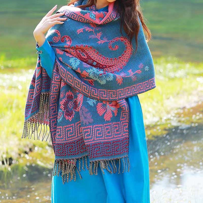 Tibetan Flowers Leaves Pattern Design Shawl Cozy Travel Scarf Wrap