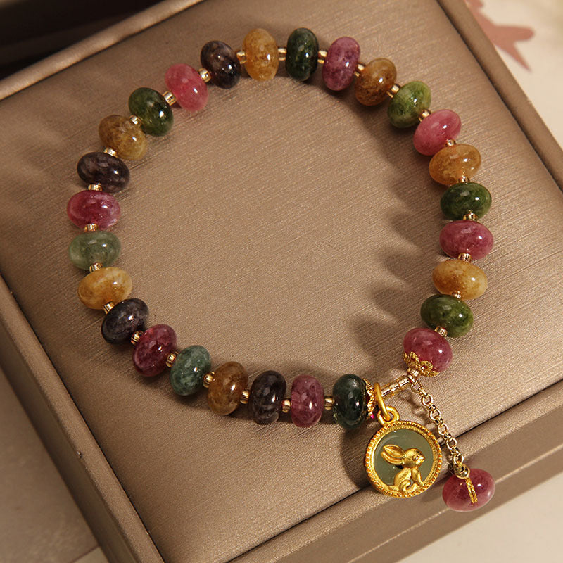 Natural Colorful Tourmaline Cute Rabbit Charm Positive Bracelet