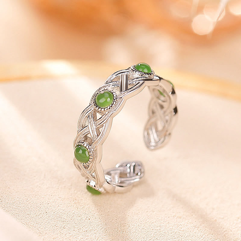 925 Sterling Silver Plated Gold Cyan Jade Braided Design Success Luck Adjustable Ring