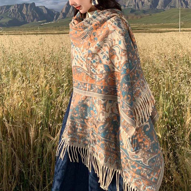 Tibetan Flower Branch Tassel Shawl Cozy Travel Scarf Wrap
