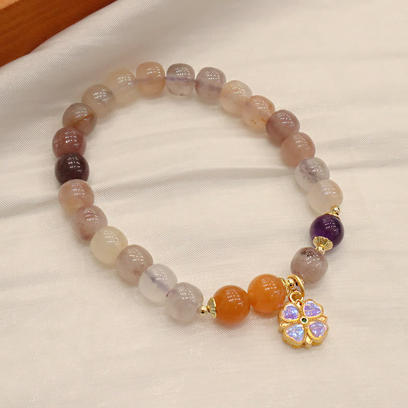 Natural Golden Silk Jade Violet Flower Bead Charm Adjustable Bracelet