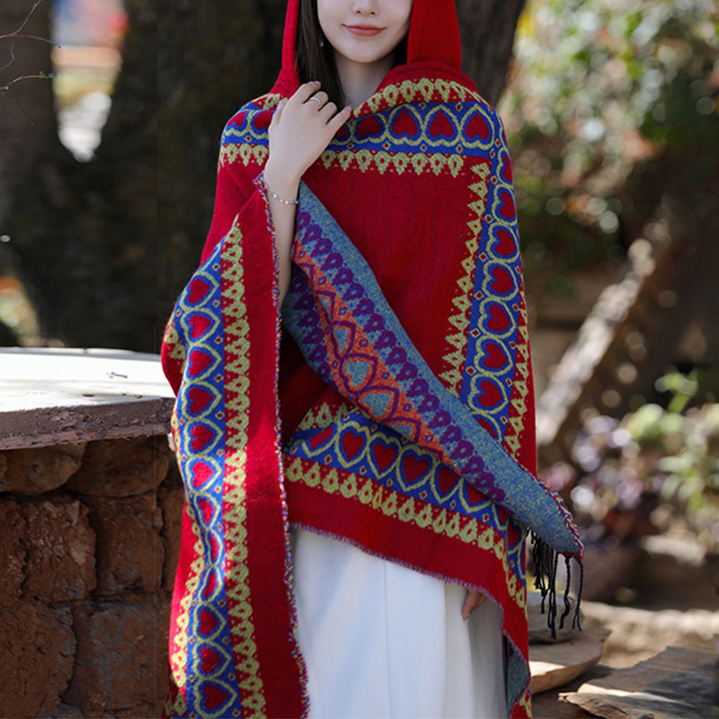 Tibetan Shawl Red Love Heart Tassel Hooded Cloak Winter Cozy Travel Scarf Wrap