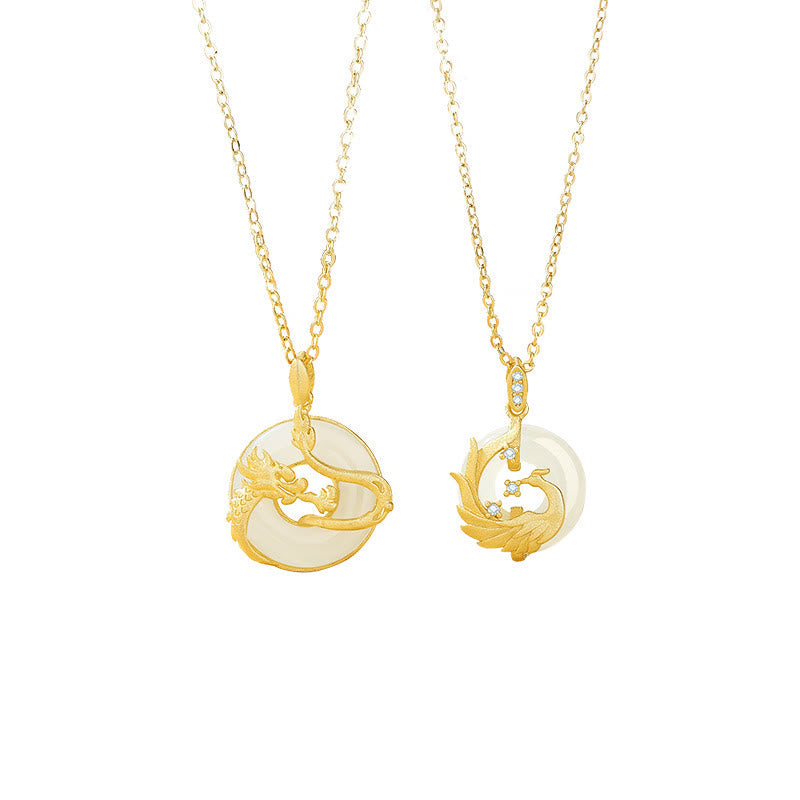 925 Sterling Silver Year of the Dragon Hetian Jade Golden Dragon Phoenix Peace Buckle Luck Necklace Pendant