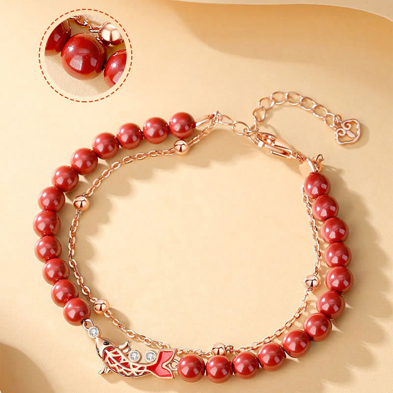 Polished 925 Sterling Silver Koi Fish Charm Bracelet with Cinnabar and Zircon Double Layer Chain