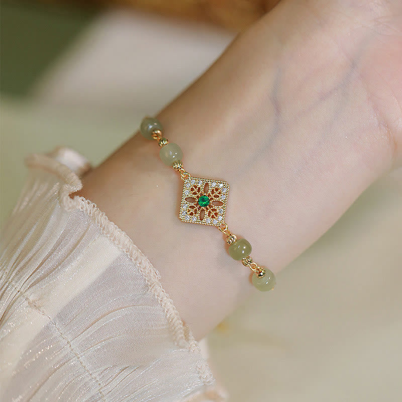 Handcrafted Natural Hetian Jade Bead Square Pattern Chain Bracelet