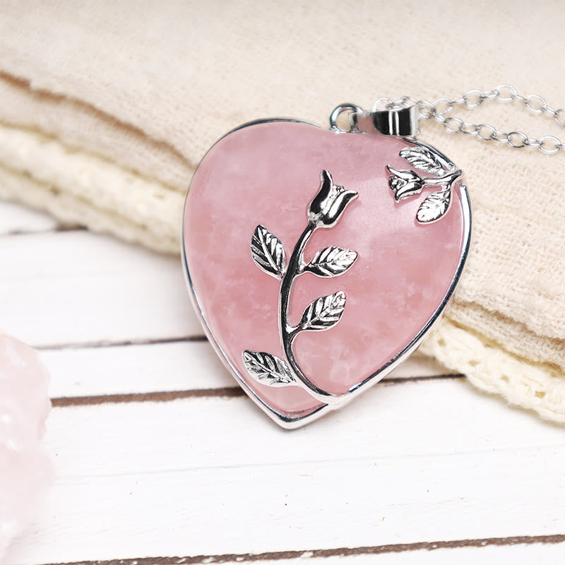 Pink Crystal Heart Rose Pendant Necklace