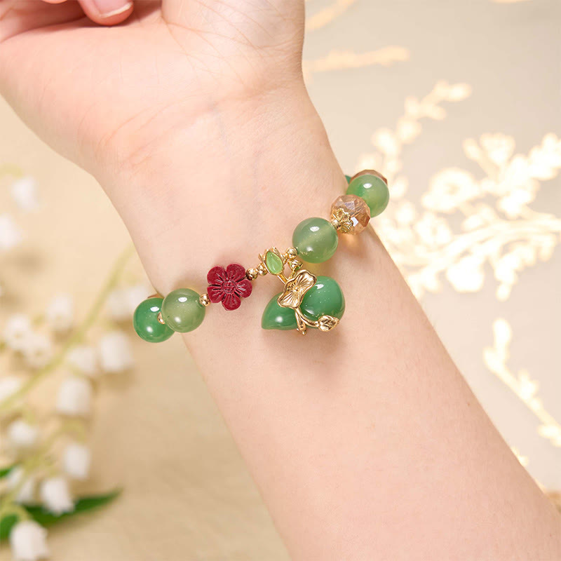 Natural Agate and Clear Quartz Beaded Bracelet with Cinnabar Flower and Wu Lou Gourd