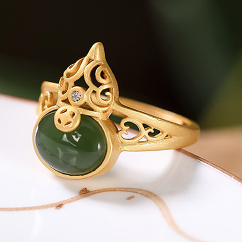 Gourd Cyan Jade Copper Coin Success Luck Adjustable Ring