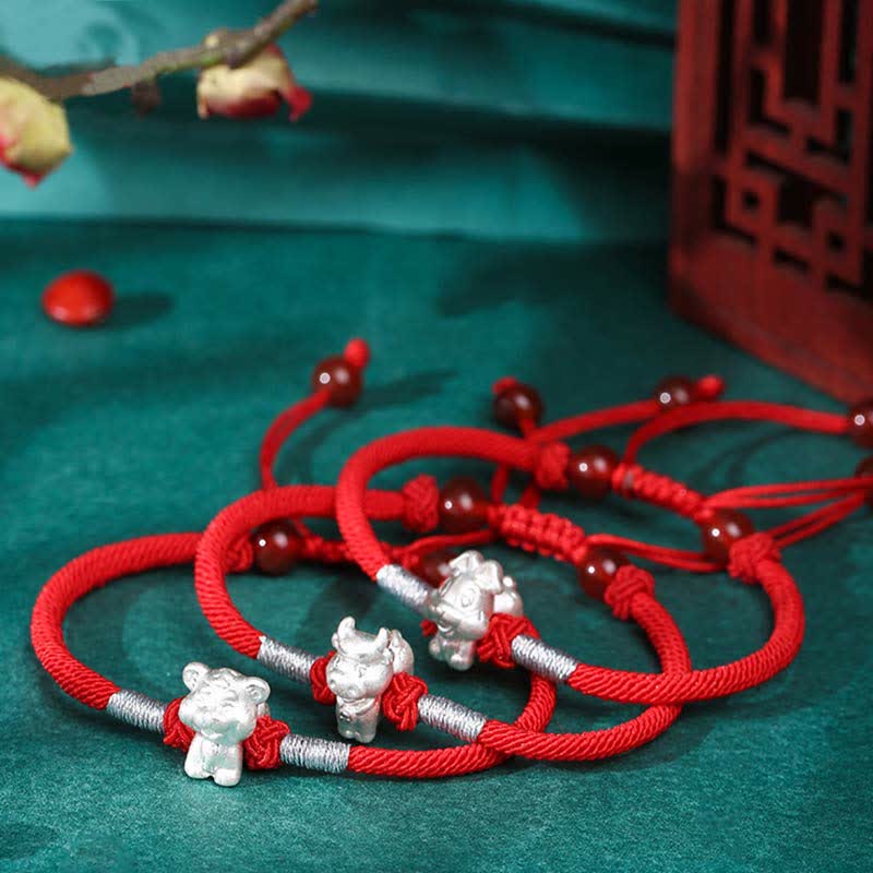 Handcrafted 999 Fine Silver Chinese Zodiac Red String Adjustable Bracelet