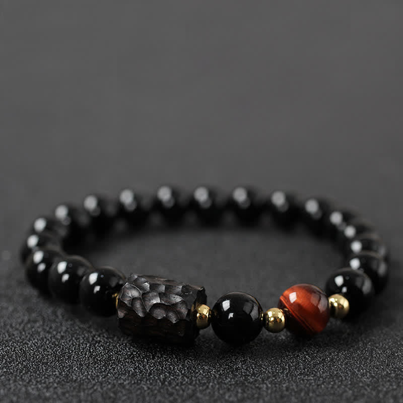 Ebony Wood & Black Obsidian Gold Sterling Silver Tiger Eye Beaded Couple Bracelet
