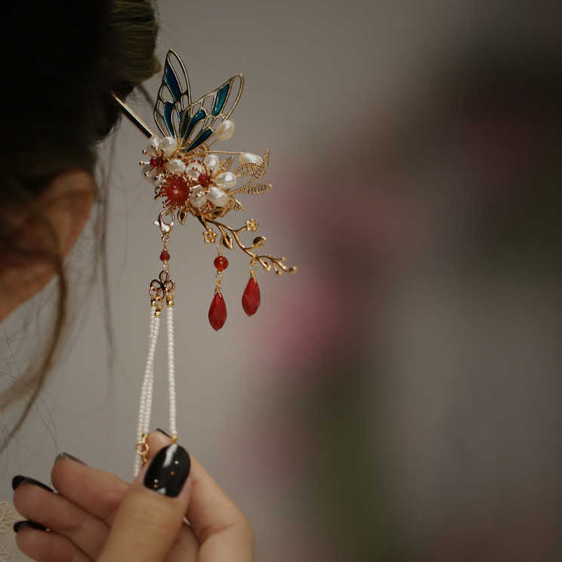 Classical Chinese Style Flower Branche Butterfly Pearl Tassel Hair Clip Hair Comb Hair Crown