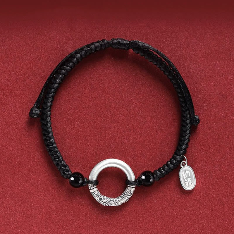 925 Sterling Silver Black Onyx Peace Buckle Fu Character Charm Bracelet
