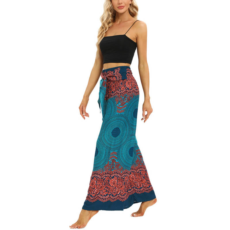 Bohemian Compass Flower Print Lace-up Wide Leg Pants Women's Yoga Pants