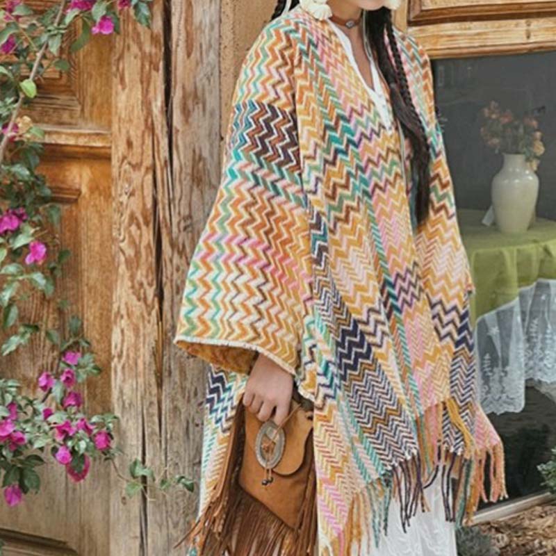 Tibetan Shawl Colorful Wavy Striped Shapes Tassels Winter Cozy Travel Scarf Wrap