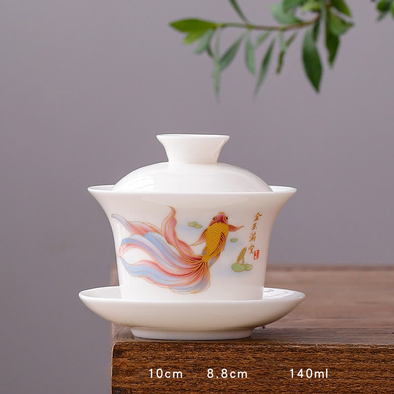 White Porcelain Mountain Landscape Countryside Ceramic Gaiwan Teacup Kung Fu Tea Cup And Saucer With Lid