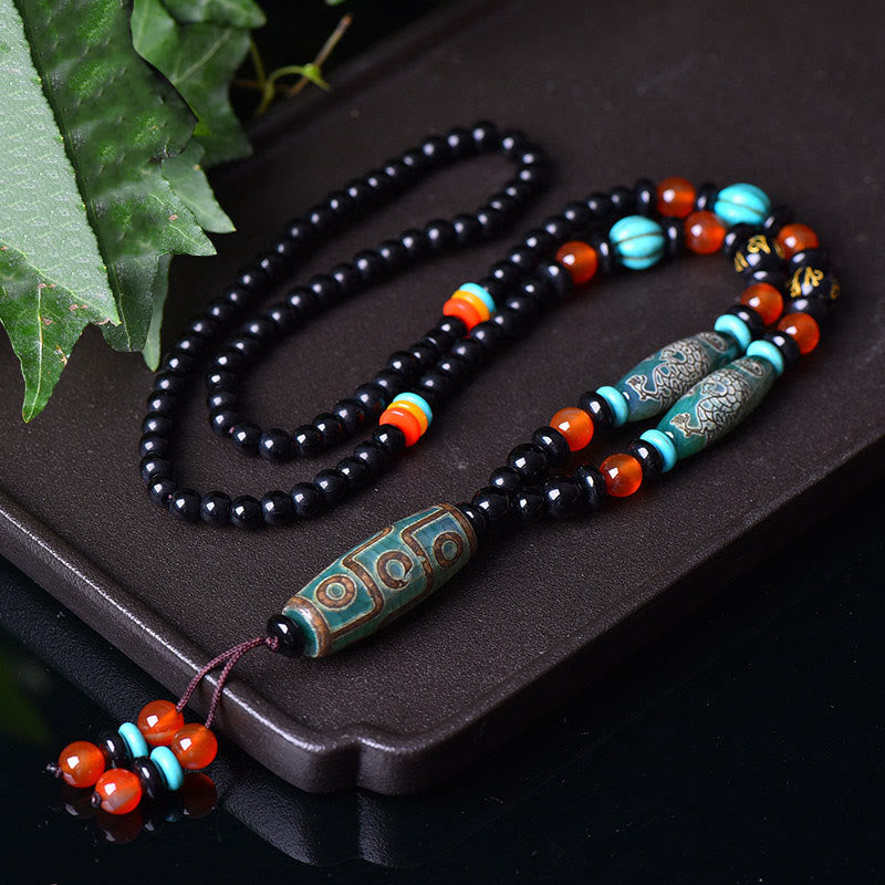 Tibetan Nine-Eye Dzi Bead Dragon Pattern Om Mani Padme Hum Protection Necklace Pendant