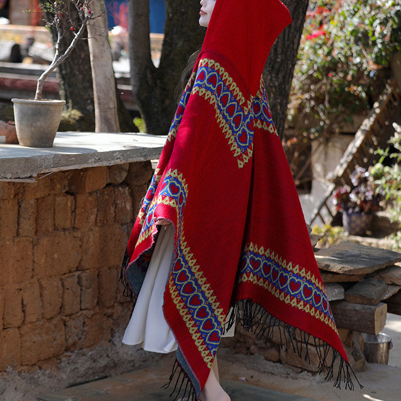 Tibetan Shawl Red Love Heart Tassel Hooded Cloak Winter Cozy Travel Scarf Wrap