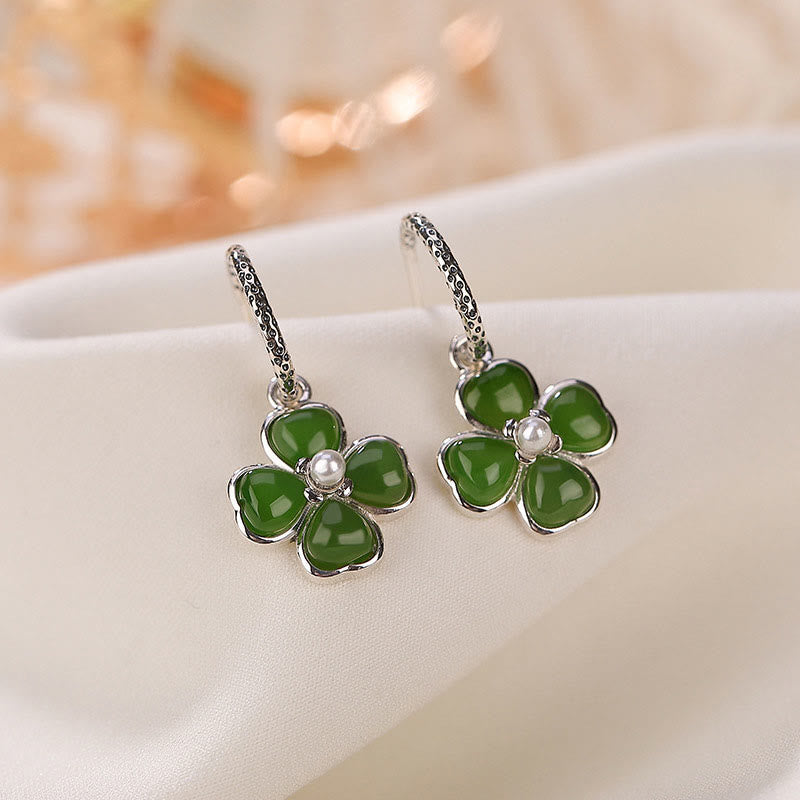 Natural Jade and 925 Sterling Silver Four-Leaf Clover Stud Earrings